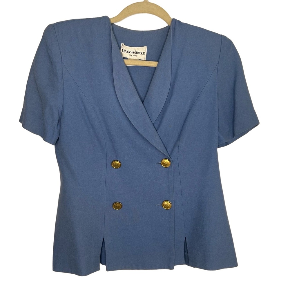 Vintage DANNY & NICOLE Blue Short Sleeve Double Breasted Blazer Blouse Size 4P